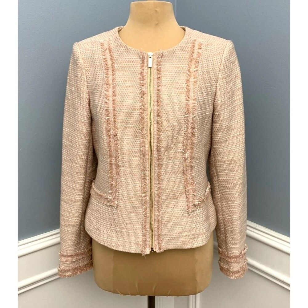 Karl Lagerfeld Jacket Womens 8 Blazer Tweed Fringe Crop Zip Cuff Preppy Academia